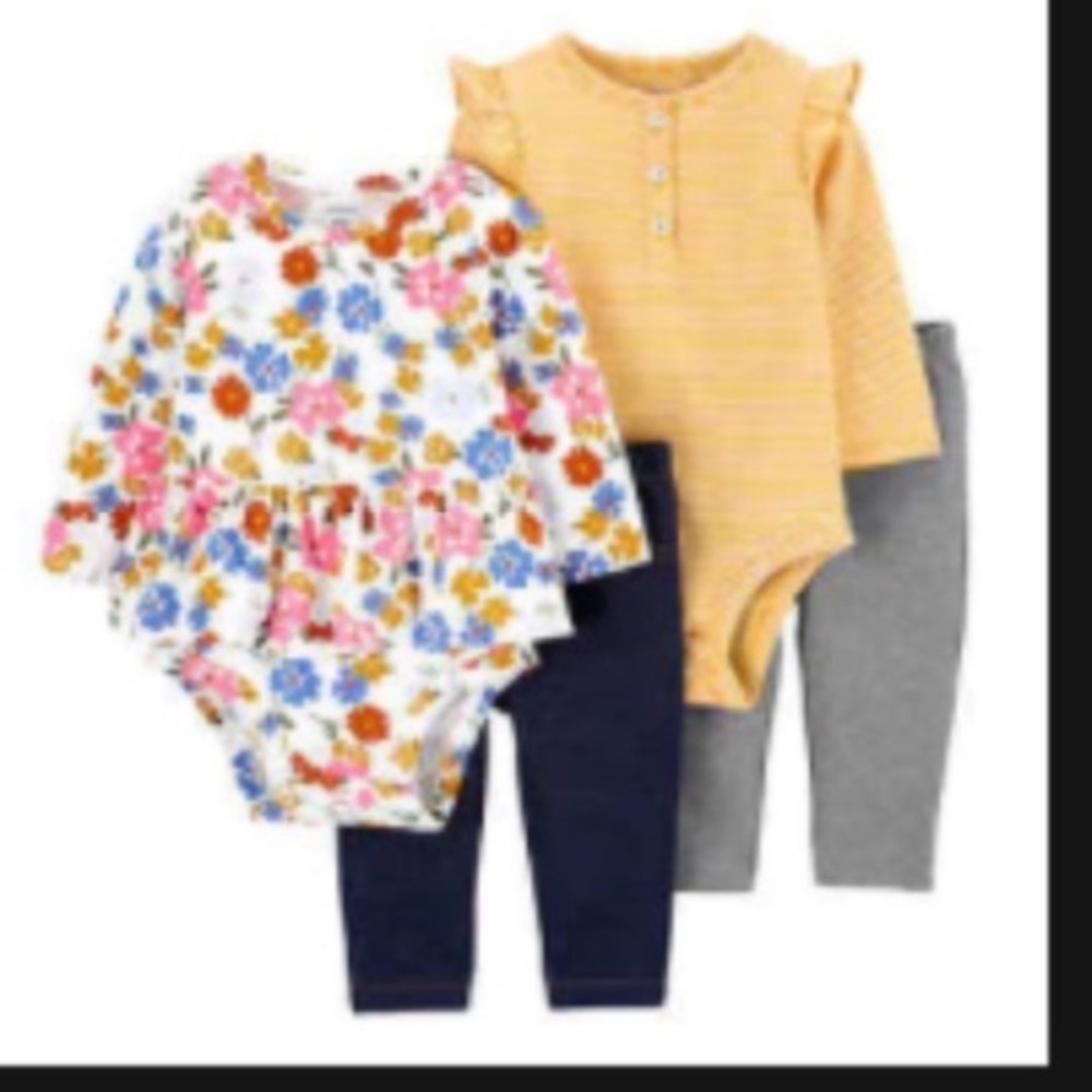 Carters baby girl four piece outfit set pants bodysuits onesies flowers yellow